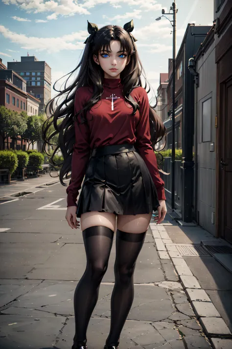 (masterpiece, best quality, ultra detailed, absurdres:1.5), 1girl, (sexy, beautiful woman, perfect face, perfect eyes, perfect female body:1.5), (red sweater, tohsaka rin, thighhighs, long hair, skirt, black thighhighs, black hair, two side up, black skirt, loafers, <lora:rin:0.5>), (standing, outdoors, city park), perfect lighting, smooth, hdr