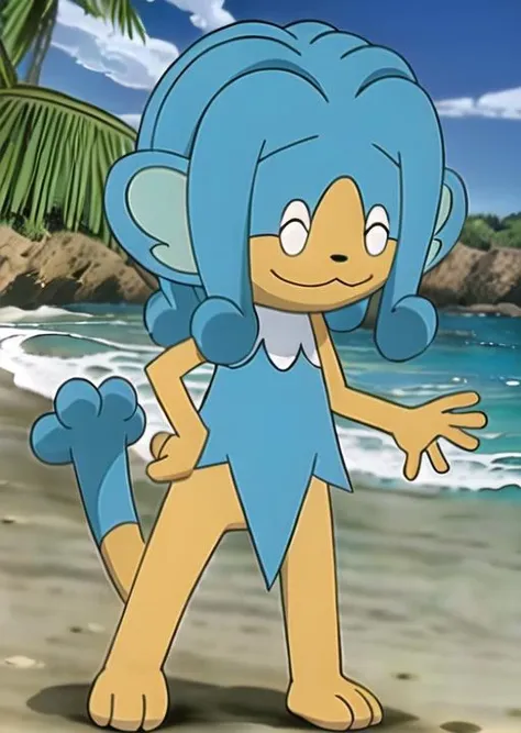 masterpiece, best quality, highres,
<lora:Char_Pokemon_P-Simipour_v2:0.8>, Simipour, blue hair, closed eyes, furry, pokemon (creature), tail, anime,
waving, smile,
beach