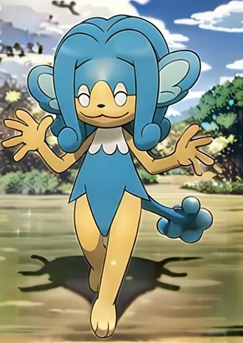 masterpiece, best quality, highres,
<lora:Char_Pokemon_P-Simipour_v2:0.8>, Simipour, blue hair, closed eyes, furry, pokemon (creature), tail,
waving, smile,
grass, trees, lake