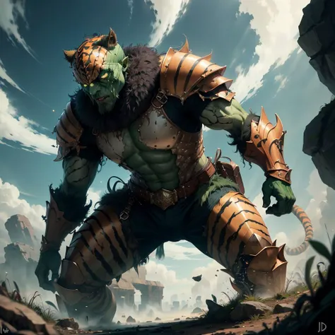 <lora:TigerstripeAI-15:0.8>giant green monster wearing TigerstripeAI colored plate armor, high fantasy