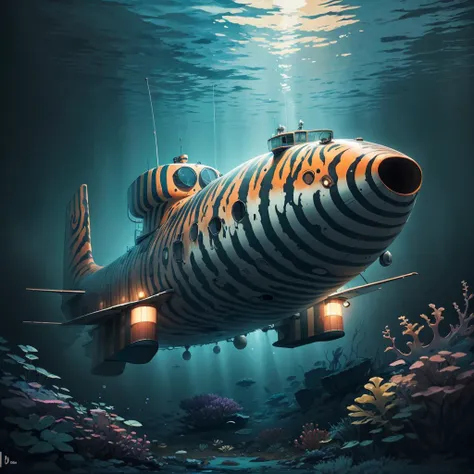 <lora:TigerstripeAI-15:0.8>TigerstripeAI submarine deep underwater, top-down view