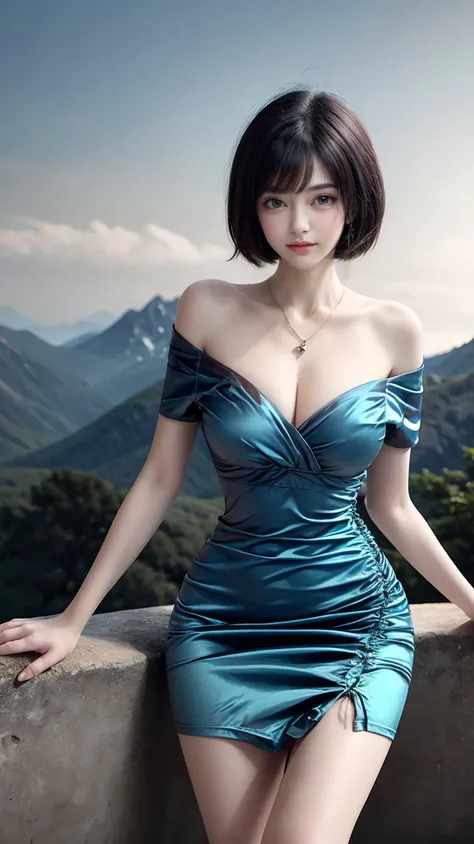 (best quality),[masterpiece],((beautiful:0.75) cute girl:0.75),[clear and clean] pixiv (illustration),(mountain:1.3),short hair,knees up,necklace,jewelry,standing,looking at viewer,front lens,
<lora:add_detail:0.8>,
<lora:Sexy low cut short skirt_20230715201143:0.75> (green dress:1.3),short sleeves,off shoulder,