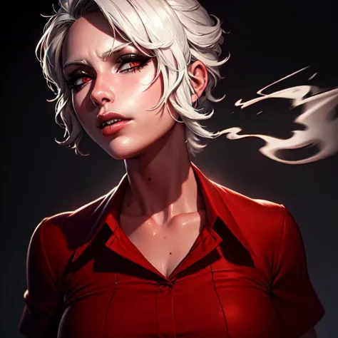 ((extreme detail)),(ultra-detailed),(painting), chiaroscuro, extremely detailed CG unity 8k wallpaper, best quality, portrait,zdrada,hell,fire in background,red shirt,smokey sky,((cigarette)),((smoking)) <lora:zdradaHelltaker_v10:1> <lora:middleFingerLORA_midfingv1:1>