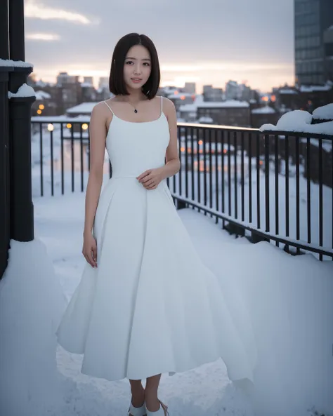 best quality, ultra high res, a girl wearing white dress standing on the snow, (city background:1.1), looking at viewer, facing front, wide angle, full body,