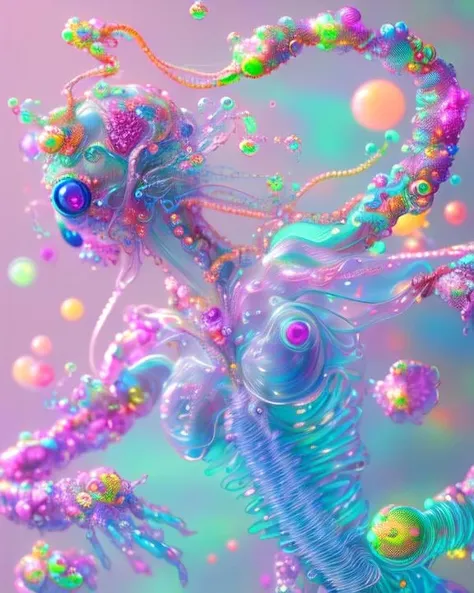 zwx art style, oxwbdtmv art style, bioluminescent aliens, crystal, jewelry, alternative, thrifted, grimes, desaturated, intmiate, dynamic pose, photoshoot, beautiful colors, pink, light blue, bright yellow, pearlescent, reflective chromatic metal, liquid transparent, hajime sorayama, ethereal art, sparkles, cute color gradients, bubbles, candy, screens, high tech, surreal art, cyberspace, virtual reality, cables, sea creatures, underwater environment, anatomical poster, asymmetrical