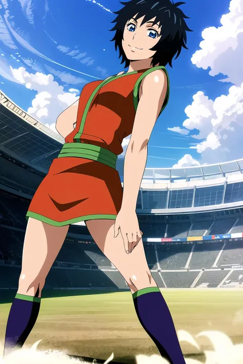 masterpiece, 1girl, rintoriko, black hair, blue eyes, kneehighs, standing, battle pose, stadium, dust, clouds, sky,smile, highly detailed, epic quality