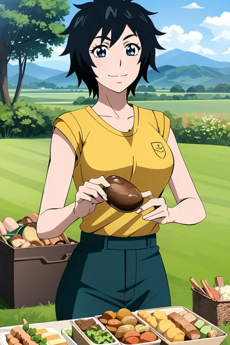 masterpiece, 1girl, rintoriko, black hair, blue eyes, yellow short sleeved shirt, casual clothing, picnic, food, brown skirt, cute, holding drumstick of meat, large cartoon meat, grassy field, meadow, trees in distance, mountains in background, day, sunny, clouds, sky,smile, highly detailed, epic quality