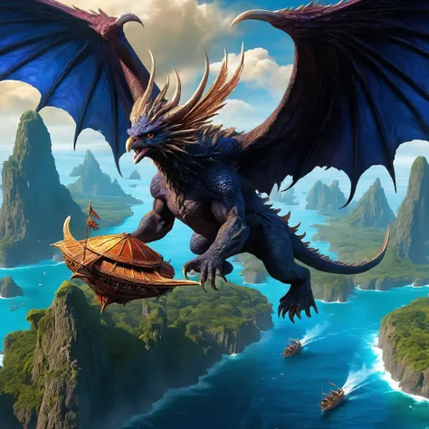 <lora:add-detail-xl:2.0>, paul bonner, detailed expressive eyes, fantasy style, the regal looking two-toned eyechonk, a creature of the devurlified skies, shown here with its majestic quaysled wings outstretched as it soars above a bordyleggered realm of tranzicated islands and vibrant cascading crankleplumb of planet kraktus prime, dark fantasy, colorful, masterpiece, best quality, professional artwork