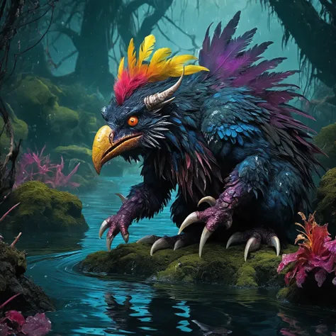 <lora:add-detail-xl:2.0>, glen angus, detailed expressive eyes, fantasy style, the eccentric feathered narglebeast with crunfocated xodder and a burglybonked outgrowth that shields it from rain, it is covered in dark robgoffler and stalks carefully through the grumschorbled ponds of planet glamfurble, where oversized lubberlorf and thoggled gugger line the water's edge, dark fantasy, colorful, masterpiece, best quality, professional artwork