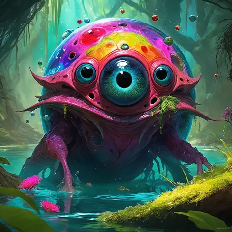 <lora:add-detail-xl:2.0>, archan nair, detailed expressive eyes, fantasy style, depicted is the spotted jabberball, a curious being with psychic powers emenating from its blerbing snarfladoodle, it likes to lay in ambush within the tranquil ponds of the lush dreggering oases that dot the colorful engifronged deserts of the accursed (because paradisical) planet rayboldwashere, stay away vogons, this planet is just horribly nice, dark fantasy, colorful, masterpiece, best quality, professional artwork