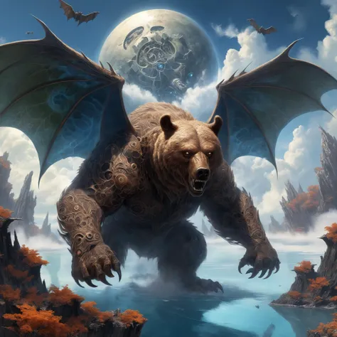 <lora:add-detail-xl:2>, ultra detailed, famous artwork by ron spencer, detailed expressive eyes, fantasy style, (fractal art:0.8), this otherworldly creature, the giant doombear with its psionitoring bat-like wings is well camouflaged amidst the smoking flurbguzzled (floating islands and sky-reefs:1.4) of the (exotic planet:1.2) yucky