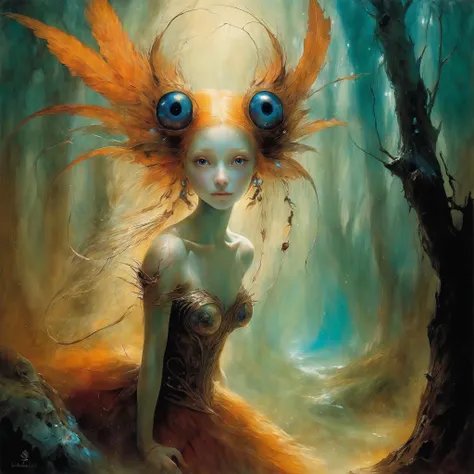 <lora:add-detail-xl:2>, anne bachelier, detailed expressive eyes, fantasy style, depicted is the artificial oozelout, a curious being with psychic powers emenating from its quibbeling snigglefritz, it likes to lay in ambush within the tranquil puffaloped oases that dot the colorful flurbguzzled deserts of the accursed planet chuckleberry iii, colorful, whimsical