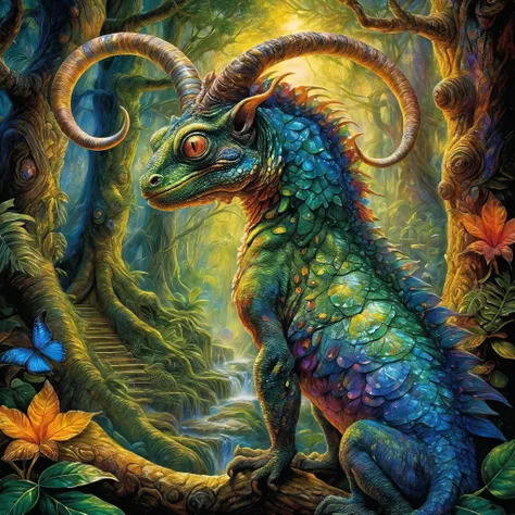 <lora:add-detail-xl:2.0>, josephine wall, detailed expressive eyes, fantasy style, venturing into the heart of the dense jungle planet quizznof viii, the galactic explorer might encounter a majestic yet enigmatic forest scattersnapper resembling a hybrid between a sticky globgrumbo and a chameleon. its iridescent scales change color to match its surroundings, while the horns on its tail pulse hypnotically with youbled energy, dark fantasy, colorful, masterpiece, best quality, professional artwork