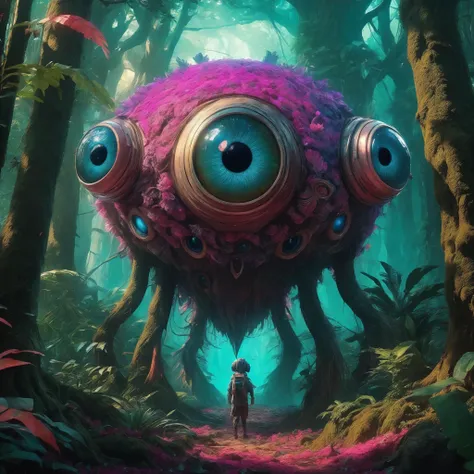 <lora:add-detail-xl:2.0>, beeple, detailed expressive eyes, fantasy style, the whimsical temporal eyesniffer, its body decorated in colorful flimjorgle, playfully quorbles through a jungle of oversized zibberzang and palciated trees, dark fantasy, horror, masterpiece, best quality