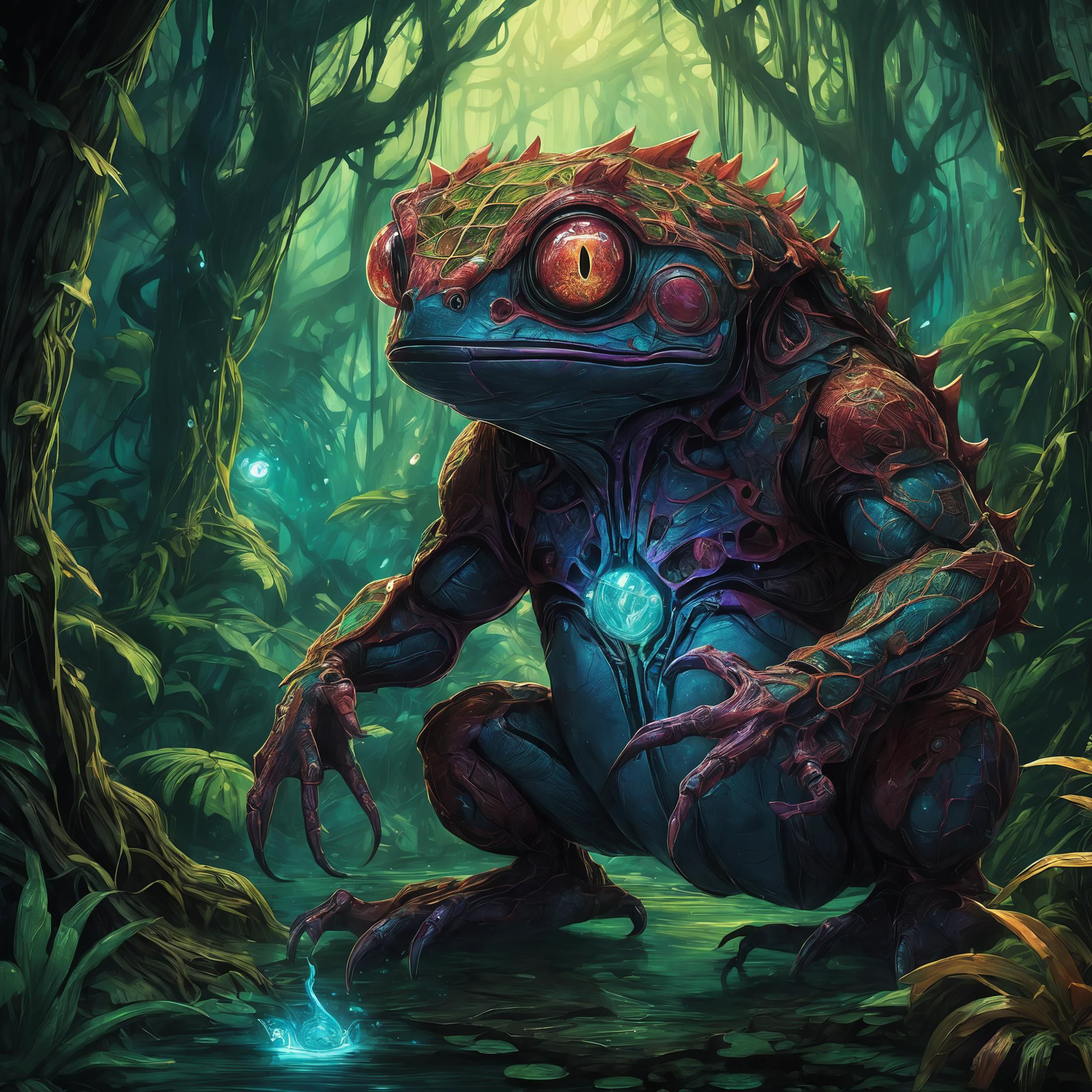 <lora:add-detail-xl:2.0>, famous artwork (by dan mumford:1.1), detailed expressive eyes, fantasy style, the tiny chitinous glumwibble, seen here decorated in bioluminescent luminorbler, playfully glurfles through the dense gnarled jungle of verdant eggerfroggle and crunfocated trees on the dreaded paradisical planet laugternova , masterpiece, best quality