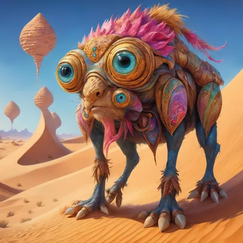 <lora:add-detail-xl:2>, vincent chong, detailed expressive eyes, fantasy style, a fearsome desert dweller is the sickly lipwibble, camouflaged amidst the tranzicated sands and quorbles with intricate curbletwist, surveying the dunes from atop a rocky joribified scrufflepuff, colorful, whimsical