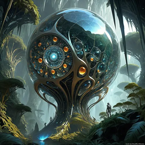 <lora:add-detail-xl:2.0>, ultra detailed, famous artwork (by mark zug:1.3), crystalline, (fractal art:0.9), fantasy style, this peculiar life form, the imaginary eyeeater hides in the lizzartorving dense crystal jungles of the climfrypowered exoplanet niflhalla. covered in a metallic exoskeleton it (ambushes its prey:1.4) with (long crystalline appendages:1.3)