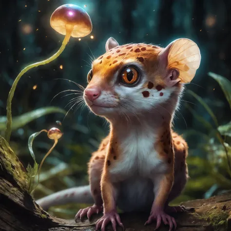 <lora:add-detail-xl:2.0>, famous artwork (by ruan jia:1.1), detailed expressive eyes, fantasy style, the mystical spotted scatterweasel, shown here with its iridescent scales flingboudeling in the moonlight, it often blunderworbles among bioluminescent mushrooms and fireflies in the blibbering forest glades on planet slurmsphere , masterpiece, best quality