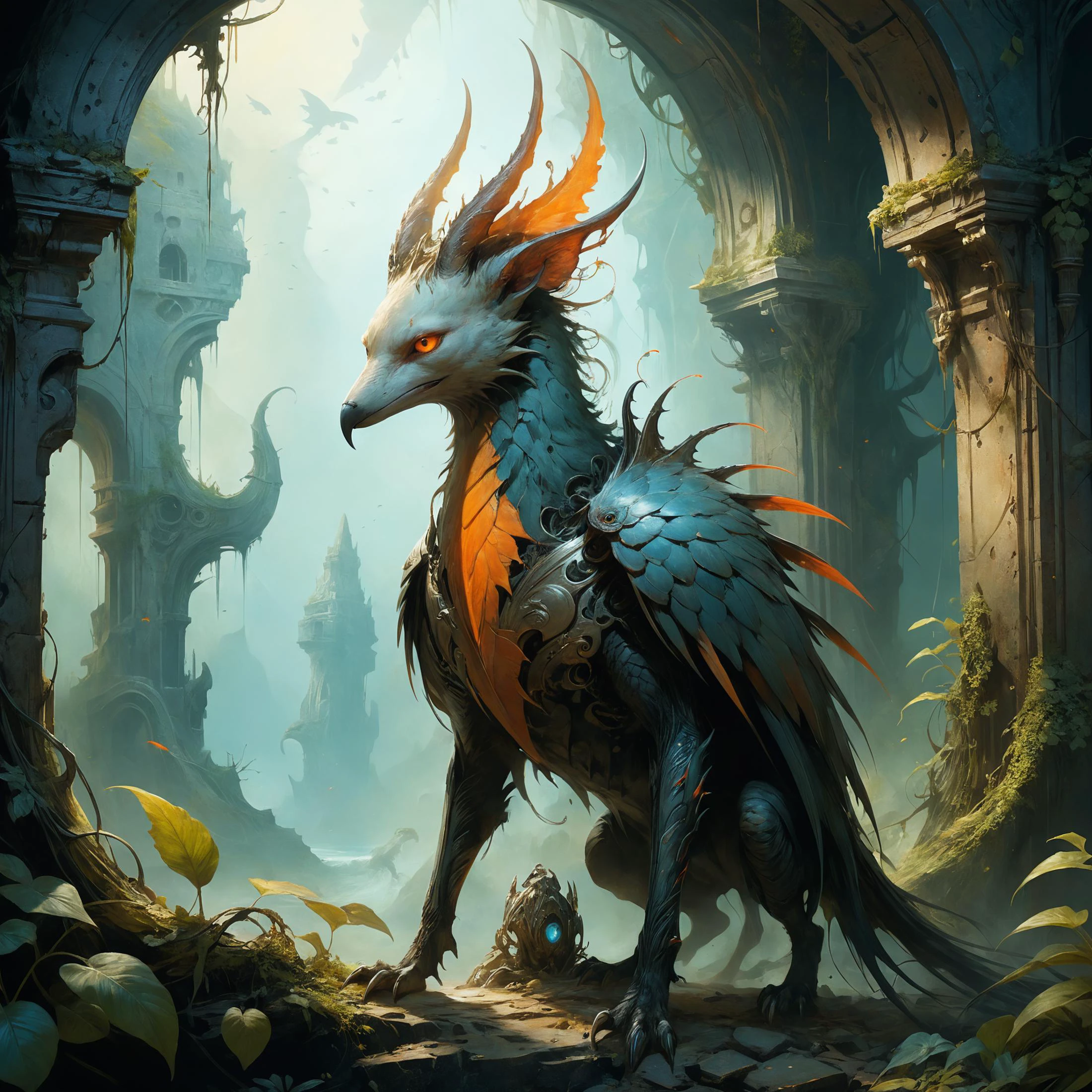<lora:xl_more_art-full-xl:0.6>, <lora:add-detail-xl:2.0>, famous artwork (by anne bachelier:1.4), detailed expressive eyes, fantasy style, the many-clawed howlerphlonk understands itself as the guardian of the much smaller energetic mudflobbers, it is a semi-intelligent creature that likes to decorate its crystalline armor plates with mysterious etchings of jiggered horgsmuffler, the image shows it standing guard in an overgrown ruin filled with joribified artifacts on planet new flimflam, ultra high detail, ultra realistic, 8k