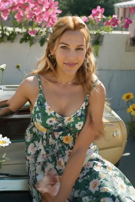 half body shot a woman, raw photo, high quality, widely smiling, sitting in a mustang, sunny day, happy, wearing a dress with flower signs, <lora:meryem:1>