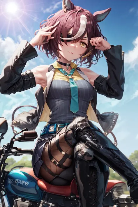masterpiece, best quality,
tanino gimlet \(umamusume\),
sunlight, lens flare,
on motorcycle, ground vehicle, motor vehicle, riding,
crossed legs, yellow shirt, striped vest, vest,
eyepatch, black choker, shoulder cutout, bare shoulders, detached sleeves, long sleeves, sleeveless shirt, blue necktie, open clothes, black jacket, collared shirt, belt, chain, black skirt, thigh strap, black pantyhose, fishnet pantyhose, knee boots, high heel boots,
<lora:tanino_gimlet_loha:0.7>