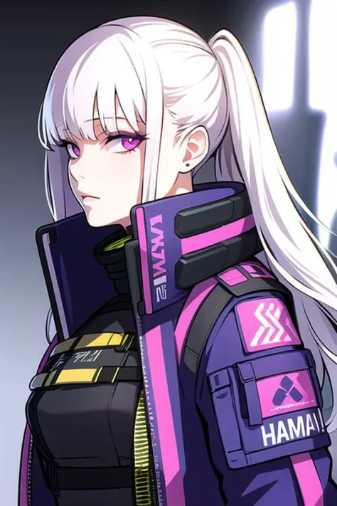 1girl, white hair, long hair, techwear <lora:strlxsslora:1>, masterpiece, bestquality, realistic, realism, dark purple jacket, portrait, detailed eyes