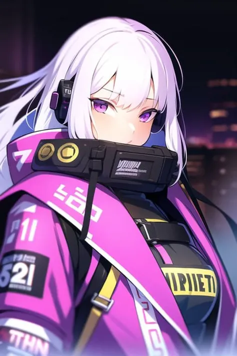 1girl, white hair, long hair, techwear <lora:strlxsslora:1>, masterpiece, bestquality, realistic, realism, purple jacket,