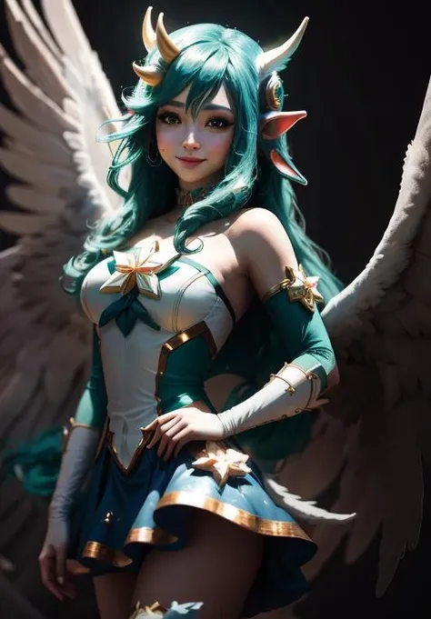 wide wide shot, ((NSFW:1.3)), (highest quality,masterpiece:1.2),(cyborg people), green hair,(She has a pair of huge feathered wings behind her shoulders),Money,perfect proportions,(Her Money mechanical limbs),(footwear),slim,Shiny Money、Bright colors,The lighting is dramatic., Creates depth and three-dimensionality、cleavage、smile、night view、luxurious dress