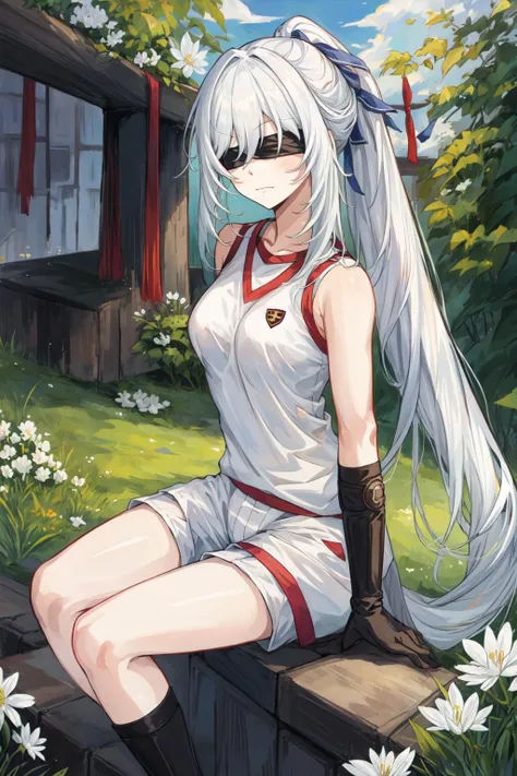 white hair, red eyes,school uniform, cloudy sky, full body, grass,looking at viewer, wariza, twintails,front,silver hair, sit,