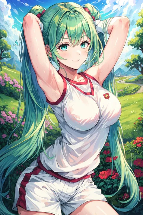 masterpiece, best quality, highly detailed, 1girl, solo, tokiwadai, gym uniform, gloves, white gloves, elbow gloves, sleeveless, shirt, shorts, sleeveless shirt, gym shorts, white shorts, white shirt, gym shirt, thighs, <lora:tokiwadai-14:0.7>, <lora:add_detail:0.5>, hatsune miku, (aqua hair:1.3), (aqua eyes:1.3), twintails, long hair, medium breasts, looking at viewer, closed mouth, focus, complex background, grass, day, sunny, flowers, arms behind head