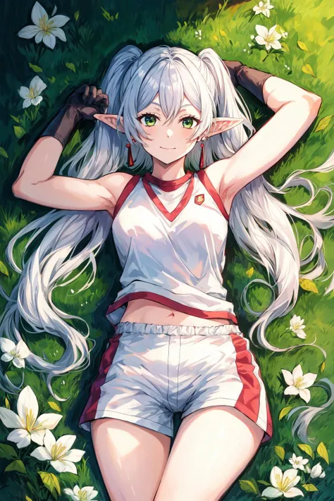 masterpiece, best quality, highly detailed, 1girl, solo, tokiwadai, gym uniform, gloves, white gloves, elbow gloves, sleeveless, shirt, shorts, sleeveless shirt, gym shorts, white shorts, white shirt, gym shirt, thighs, <lora:tokiwadai-14:0.7>, <lora:add_detail:0.5>, frieren, long hair, pointy ears, twintails, jewelry, elf, earrings, small breasts, pettite, looking at viewer, closed mouth, focus, complex background, grass, day, sunny, flowers, arms behind back, lying, <lora:frieren-10:1>