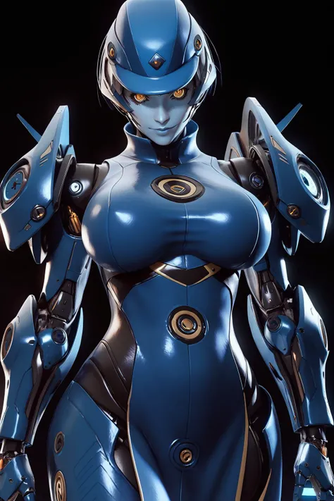masterpiece, detailed quality, 1girl, black background, score_9, source_anime, score_8_up, score_7_up, x3dce, 3d, <lora:X3dCE_PDXL:.6> looking at viewer, <lora:wrenchsmechsxl:0.8> wrenchsmechs, mechanical arms, mechanical legs, mechanical eyes, cowboy shot, large breasts, <lora:persona3_elizabeth_ponyXL:0.8> p3elizabeth, hat, blue dress, sleeveless dress, blue gloves, black pantyhose, arm canon