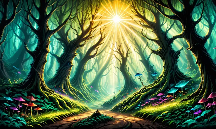 Beautiful detailed digital illustration of a Enchanted forest with mystical creatures <lora:Angst-v1-2_SDXL:0.7> Angst, <lora:Neon_Style_XL:0.7> , Sunshine rays