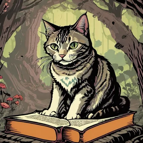 angst, a cat reading a book, color illustration, centered, whimsical, <lora:Angst-v1-2_SDXL:1>
