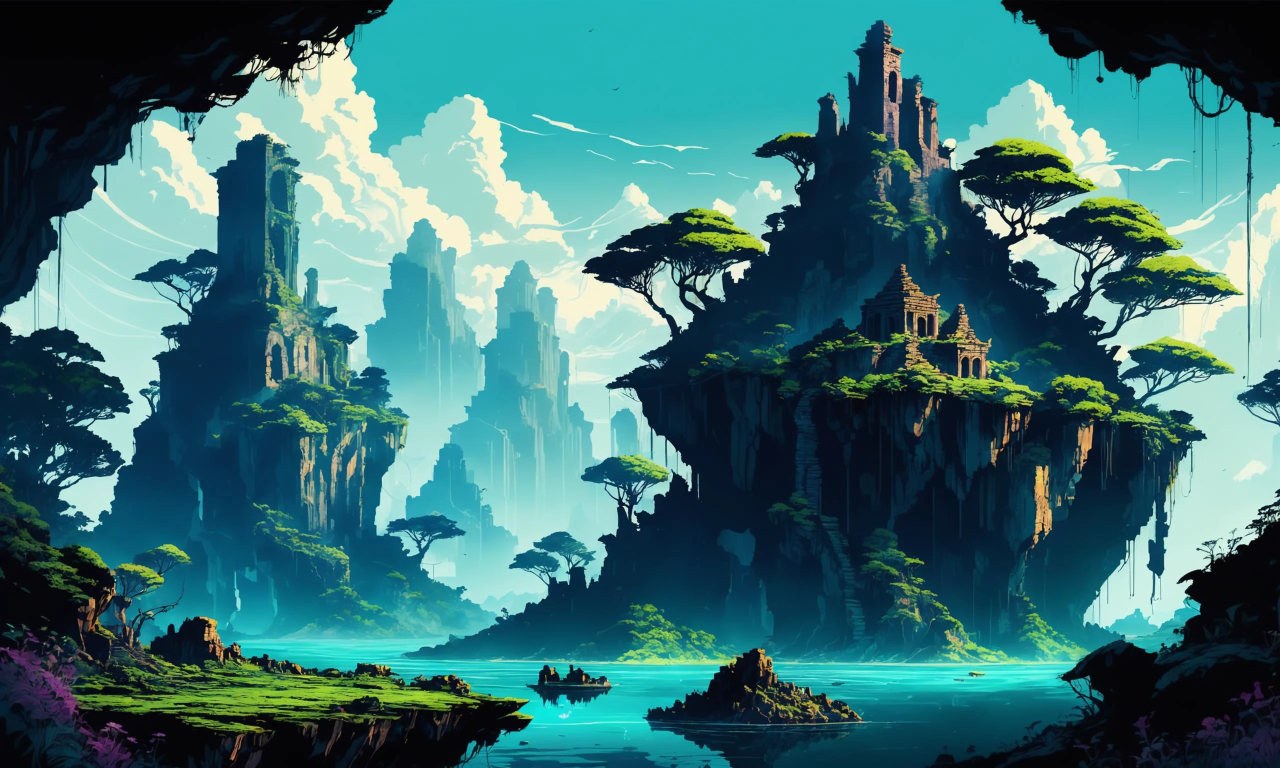 Beautiful detailed digital illustration of a Floating islands with ancient ruins <lora:Angst-v1-2_SDXL:0.7> Angst, <lora:IPXL_v8:0.7> inkpunk style