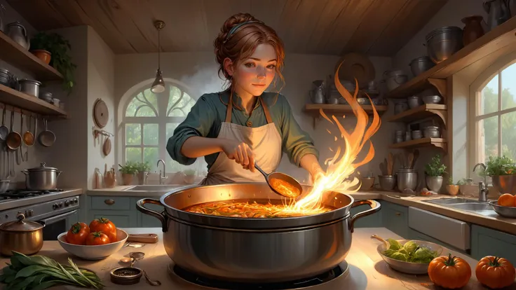 Cozy kitchen with simmering pot, Angst, great lighting, radiant lighting, ral-colorswirl, sharp focus, intricate, illustration, highly detailed, digital painting, concept art, matte, art by WLOP and Artgerm and Greg Rutkowski and Alphonse Mucha, masterpiece <lora:Angst-v1-2_SDXL:0.7> <lora:great_lighting:0.4> <lora:ral-colorswirl:0.7> <lora:detailed_notrigger:0.8>