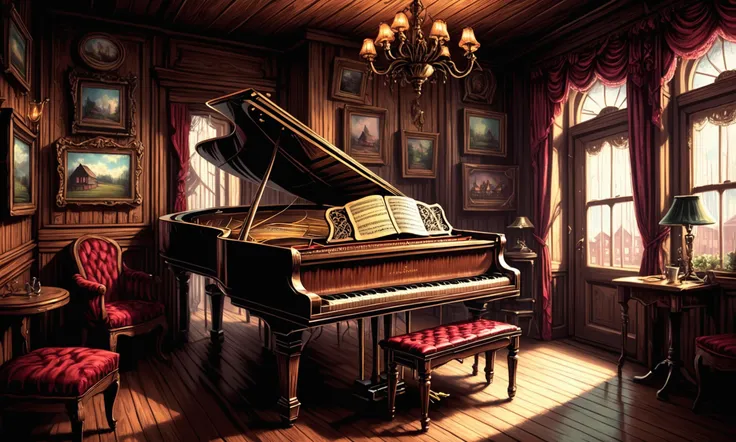 Beautiful detailed digital illustration of a Tinkling piano music in a saloon <lora:Angst-v1-2_SDXL:0.7> Angst, <lora:fracolor:0.7> fracolor