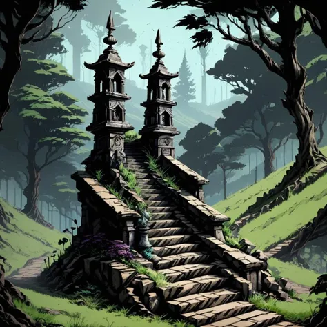 Angst Rural Landscape Finial,Mythical Artefact,Staircase, <lora:Angst-v1-2_SDXL:1>