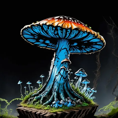 Angst Two-Toned Medium Flat Grooved mushroom, Veined, Nutrient Sharing, Mountain, Endophytic, Radiating light, Harmonious Crinkled Gills, Wrinkled Volva,,Slow Bruising,,Flaring Ring, Azure Gradually Tapering and Cuneate Base, , <lora:Angst-v1-2_SDXL:1>