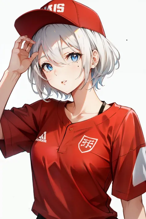 <lora:2b:1>yorha no. 2 type b, 1girl, blue eyes, white hair, no blindfold, baseball cap, simple background, red shirt, upper body, (masterpiece), short hair, mole under mouth, parted lips