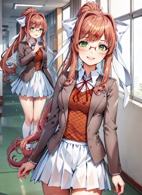 ((best quality)), ((highly detailed)), detailed face, beautiful face, , (1girl), (glasses), multiple views, dynamic pose, cowboy shot, ((wide shot)), <lora:ddlc-10:1>, Monika, (green eyes), brown hair, bangs, very long hair, long hair, ponytail, sidelocks, hair bow, white bow, grin, white sundress, sunset, (indoors, <lora:school_hallway_v0.1:1>, school hallway, school uniform), <lora:DDLC-Style-V2_Fp:.7>, simple background