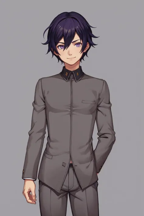 masterpiece, best quality, solo, 1boy, looking at viewer, smirk, (male focus:1.2), head tilt, <lora:DDLC-Style_Fp:0.7>, simple background, <lora:NaoyaV3:1> Naoya, purple eyes, school uniform, grey pants,