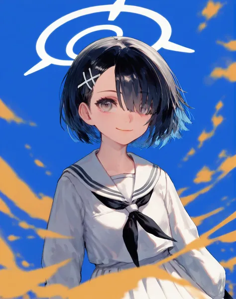 (score_9,score_8_up,score_7_up,),1g1girl, solo, halo, blue background, white sailor collar, hair over one eye, simple background, sailor collar, grey eyes, hair ornament, looking at viewer, dress, black hair, long sleeves, neckerchief, sailor dress, smile, :3, closed mouth, black neckerchief, white dress, bangs, asymmetrical bangs, school uniform, cowboy shot, medium hair, x hair ornament, blue hair, hairclip, shirt, short hair,<lora:tpony-style-v1-000100pn3:0.8>,