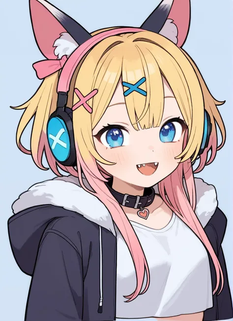 score_9,score_8_up,score_7_up,source_anime,BREAK mococo abyssgard,1girl,:3,animal ears,bandaid hair ornament,black collar,black jacket,blonde hair,blue eyes,fangs,fur trim,headphones around neck,looking at viewer,multicolored hair,open mouth,pink hair,pink hairband,smile,white shirt,x hair ornament,cropped shirt,cropped jacket,portrait,arms behind back,<lora:tpony-style-v2:0.8>,