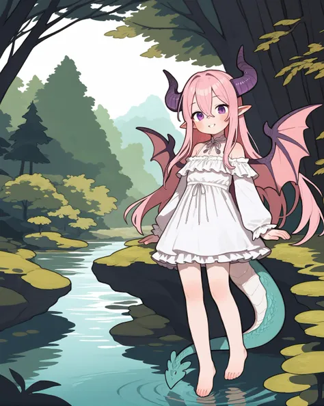 (score_9,score_8_up,score_7_up),1girl,tail,solo,wings,horns,dress,pink hair,barefoot,white dress,dragon tail,purple eyes,long hair,pointy ears,outdoors,looking at viewer,dragon girl,full body,standing,bare shoulders,tree,dragon horns,off shoulder,hair between eyes,bangs,nature,water,dragon wings,parted lips,day,off-shoulder dress,blush,forest,smile,<lora:tpony-style-v2:0.8>,