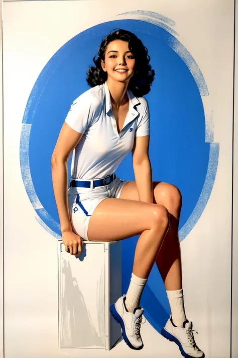 1girl, solo, long hair, smile, shirt, black hair, sitting, full body, white shirt, shorts, socks, belt, dark skin, dark-skinned female, lips, blue background, white shorts, sportswear, realistic, racket, tennis racket,
sexy, nsfw,
<lora:armstrong-04:0.85>