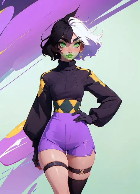 masterpiece,1girl, <lora:yorra_villeneuve-09:1> yorra_villeneuve, (green eyes, green lips), (thigh strap, single thighhigh,purple high waist shorts, black sweater , long sleeves, single glove:1.2)