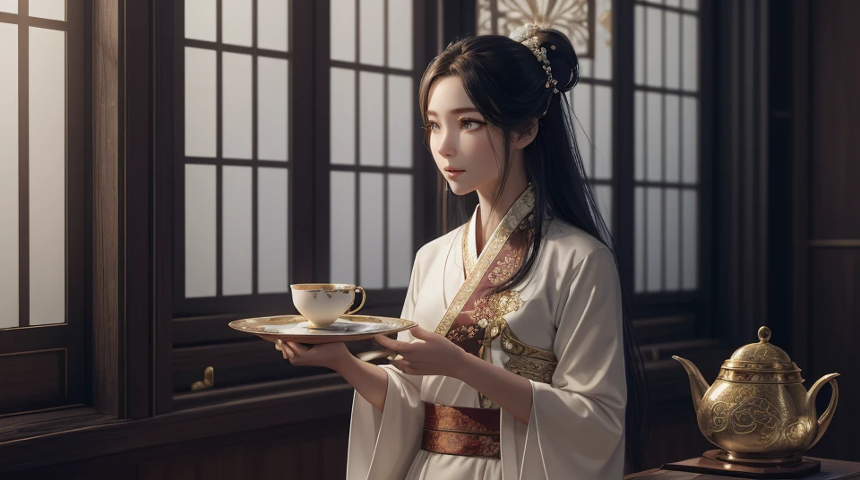 <lora:GlyphTech:0.5> scifi hologram glyphtech <lora:neg4all_bdsqlsz_V3.5:0.8> <lora:AdvancedEnhancer:1.5> BREAK full-body wide-angle wide-shot of-a-Chinese-Tea-Master-(Early-21st-Century): A (pretty-young-woman:1.1)-with-sleek-black-hair-in-a-bun deep-brown-eyes porcelain-skin wearing-a-traditional-(Hanfu:1.2) often-white with-delicate-embroidery (tea-set:1.1).-She-performs-a-tea-ceremony-in-a-peaceful-tea-house adorned-with-bamboo-furniture a-tea-table various-types-of-tea-leaves and-a-quiet-ambiance-for-reflection.