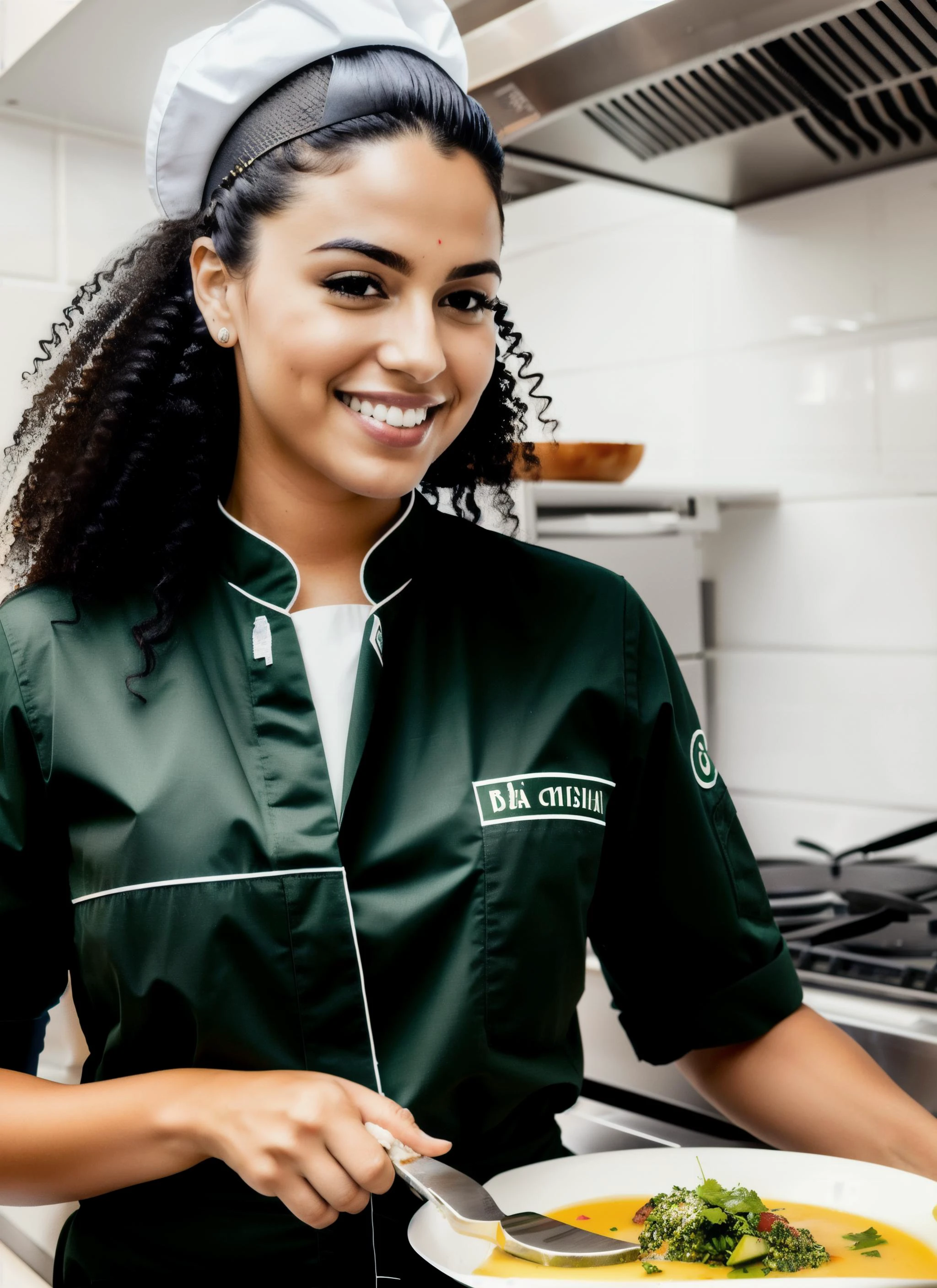 Brazilian Chef (Late 20th to Early 21st Century): A (pretty young woman:1.1) with lively, curly dark hair, bright green eyes, olive skin, wearing a crisp (chef's uniform:1.2), often white, with a toque blanche, (chef's knife:1.1). She commands a bustling kitchen filled with the sizzling sounds of cooking, a variety of vibrant ingredients, and the mouth-watering aroma of traditional Brazilian dishes.