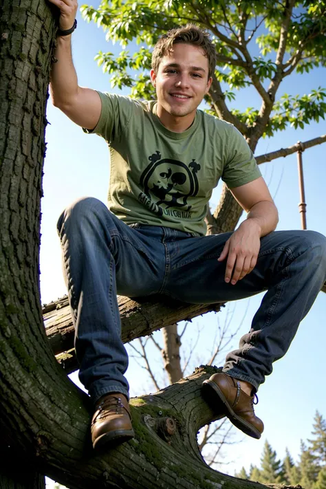 Grinning man (dg_ShawnPyfrom) building a treehouse,crewcut,<lora:dg_ShawnPyfrom-v1:0.8>,